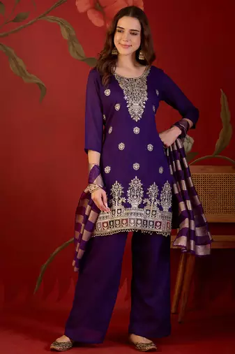 Purple embroidery vichitra silk kurta with pant and duptta