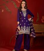 Purple embroidery vichitra silk kurta with pant and duptta