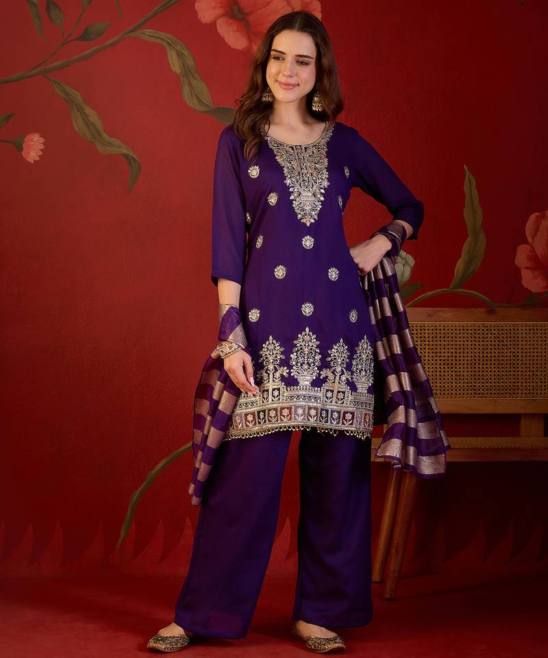 Purple embroidery vichitra silk kurta with pant and duptta