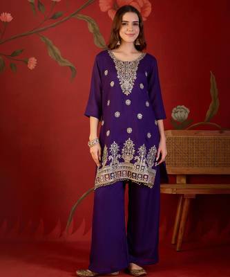 Purple embroidery vichitra silk kurta with pant and duptta 3