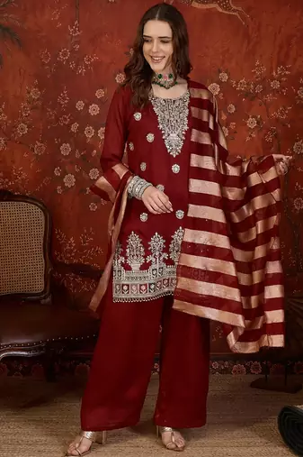 Maroon embroidery vichitra silk kurta with pant and duptta