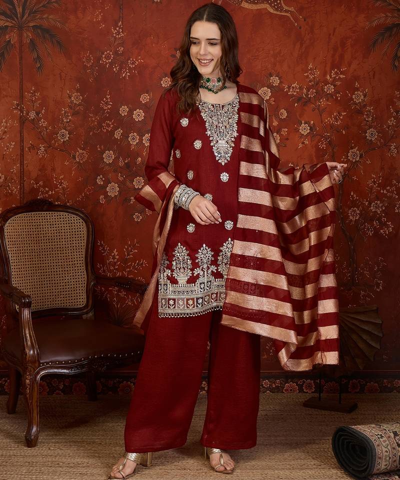 Maroon embroidery vichitra silk kurta with pant and duptta