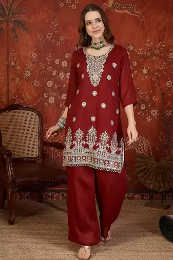 Maroon embroidery vichitra silk kurta with pant and duptta
