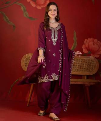 Wine embroidery vichitra silk kurta with pant and duptta 1