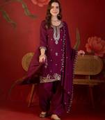 Wine embroidery vichitra silk kurta with pant and duptta