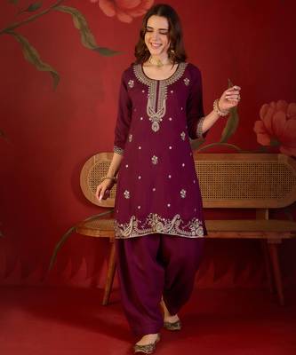 Wine embroidery vichitra silk kurta with pant and duptta 3