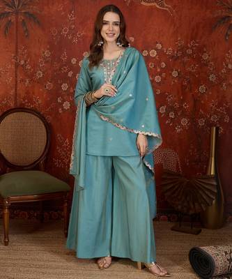 Blue embroidery rayon shimmer kurta with plazzo and duptta 1