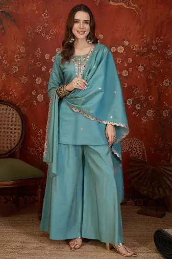 Blue embroidery rayon shimmer kurta with plazzo and duptta