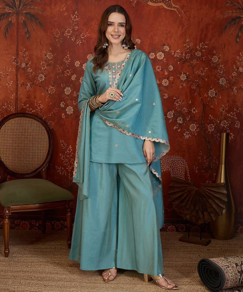 Blue embroidery rayon shimmer kurta with plazzo and duptta