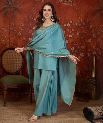 Blue embroidery rayon shimmer kurta with plazzo and duptta 2