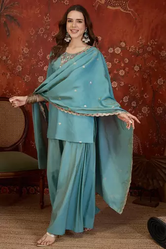 Blue embroidery rayon shimmer kurta with plazzo and duptta