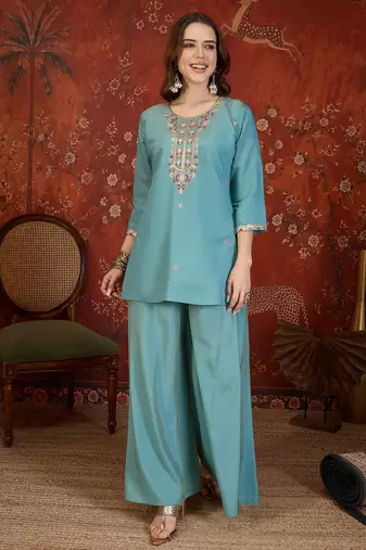 Blue embroidery rayon shimmer kurta with plazzo and duptta