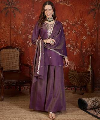 Onion embroidery rayon shimmer kurta with plazzo and duptta 1