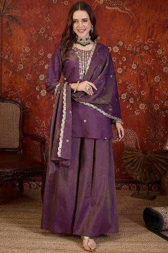 Onion embroidery rayon shimmer kurta with plazzo and duptta