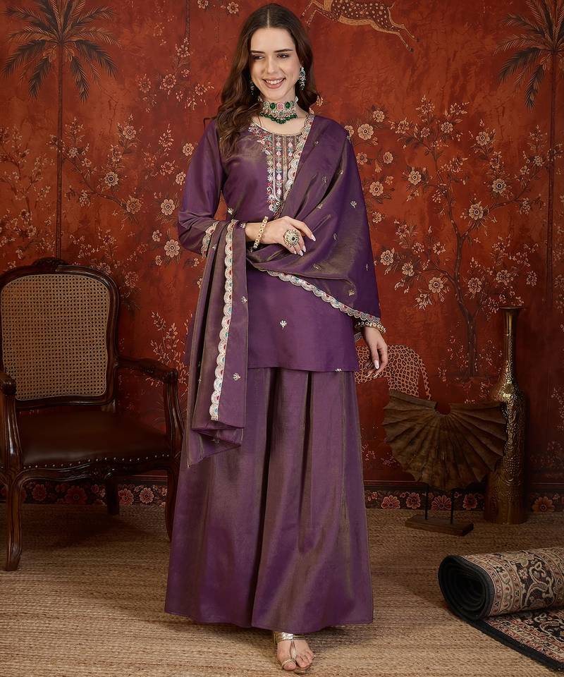 Onion embroidery rayon shimmer kurta with plazzo and duptta
