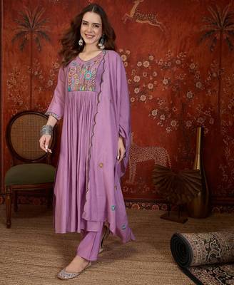 Lavender embroidery muslin kurti with pant and duptta 1