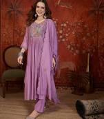 Lavender embroidery muslin kurti with pant and duptta