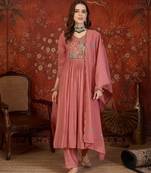 Rose pink embroidery muslin kurti with pant and duptta