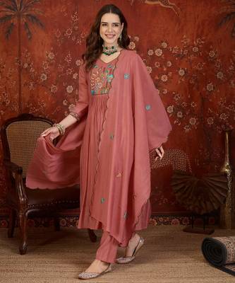 Rose pink embroidery muslin kurti with pant and duptta 2