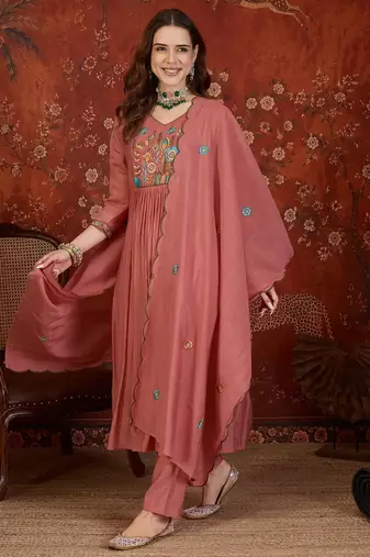 Rose pink embroidery muslin kurti with pant and duptta