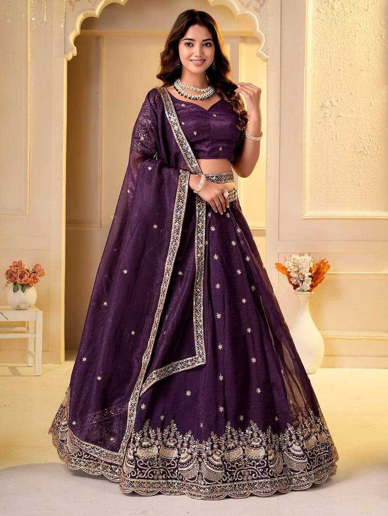 WINE CRUNCHY SILK PARTY WEAR EMBROIDERY LEHNGHA CHOLI 