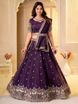 WINE CRUNCHY SILK PARTY WEAR EMBROIDERY LEHNGHA CHOLI  2