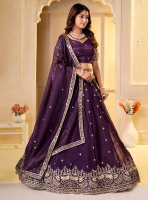 WINE CRUNCHY SILK PARTY WEAR EMBROIDERY LEHNGHA CHOLI  3