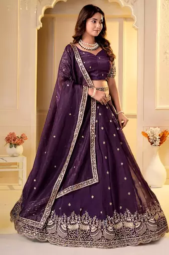 WINE CRUNCHY SILK PARTY WEAR EMBROIDERY LEHNGHA CHOLI 