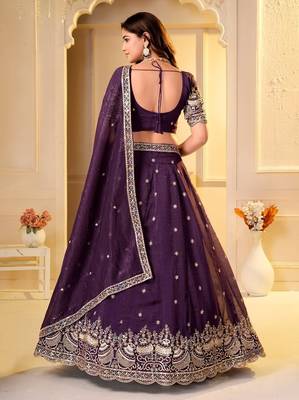 WINE CRUNCHY SILK PARTY WEAR EMBROIDERY LEHNGHA CHOLI  4