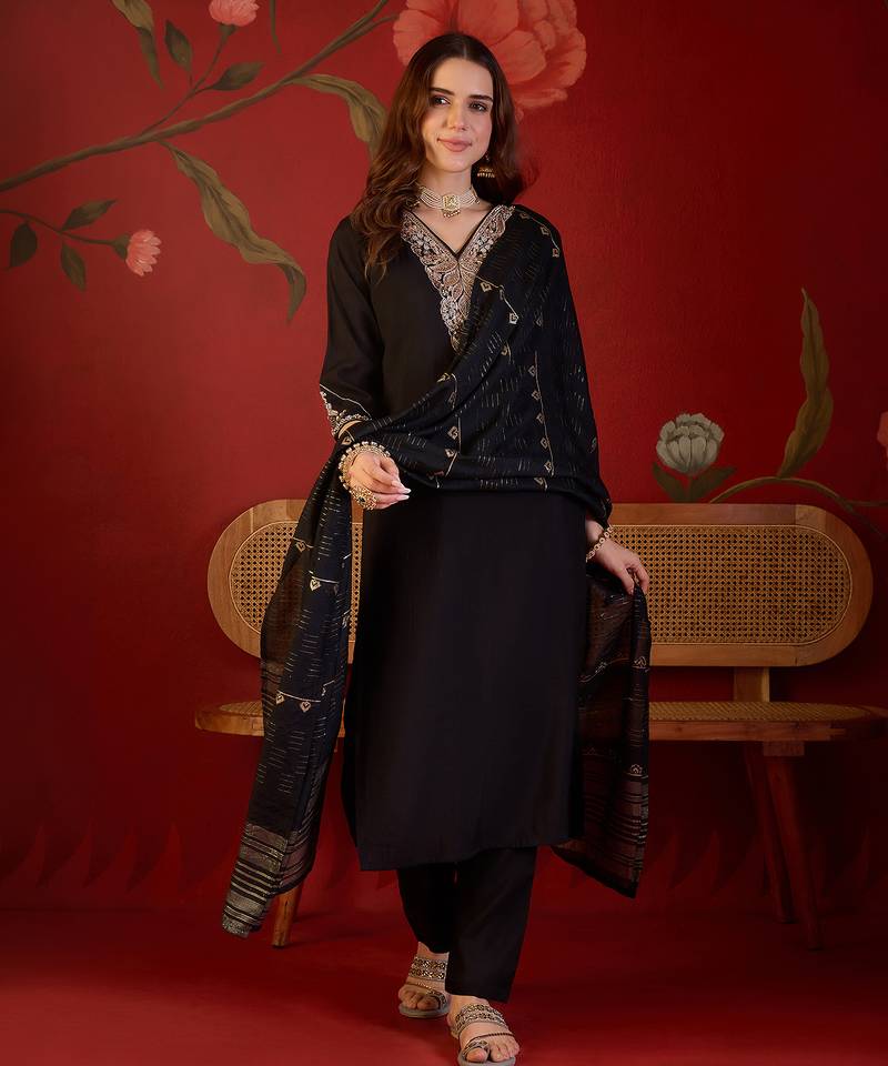 Black embroidery rayon kurta with pant and duptta