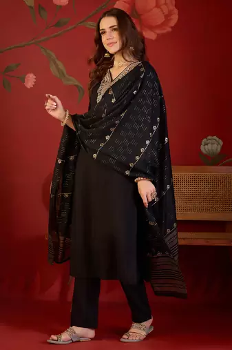Black embroidery rayon kurta with pant and duptta