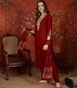 Maroon embroidery rayon kurta with pant and duptta