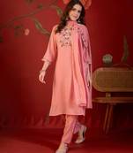 Pink embroidery muslin kurta with pant and duptta