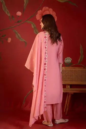 Pink embroidery muslin kurta with pant and duptta