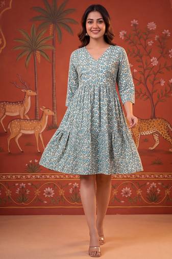 Grey printed cotton flare dress