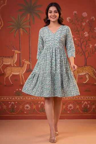Grey printed cotton flare dress