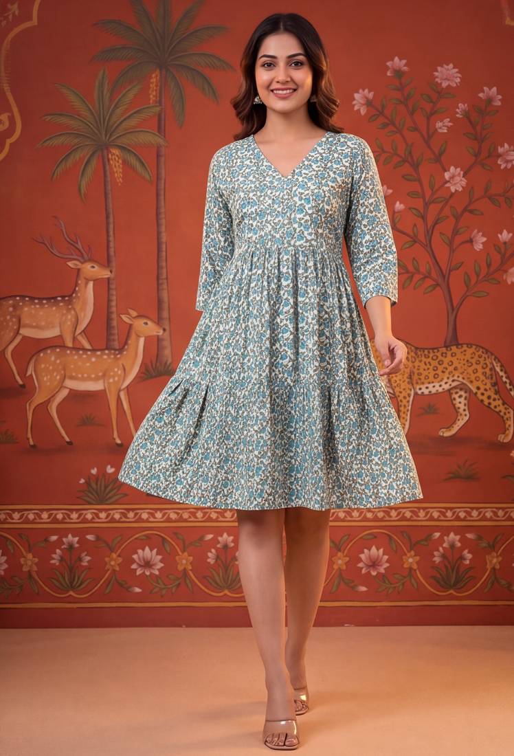 Grey printed cotton flare dress