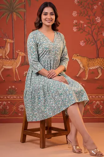 Grey printed cotton flare dress