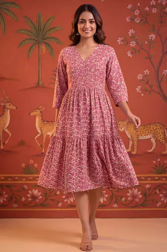 Pink printed cotton flare dress