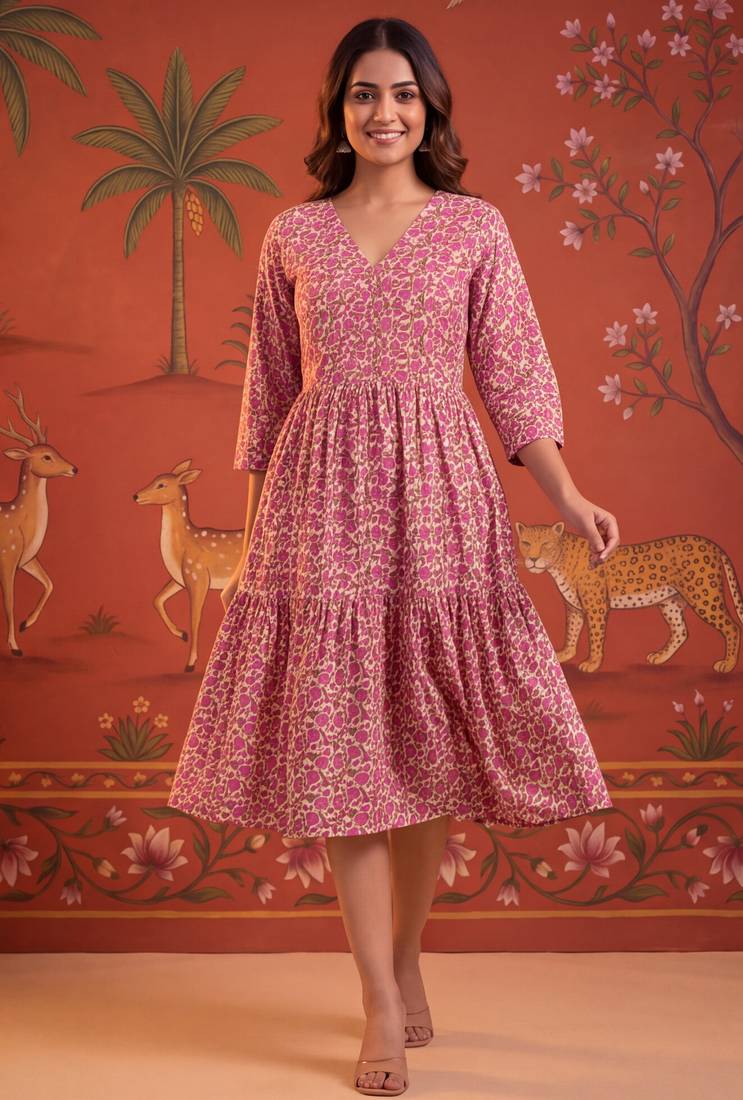 Pink printed cotton flare dress