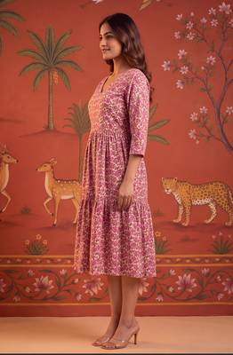 Pink printed cotton flare dress 2