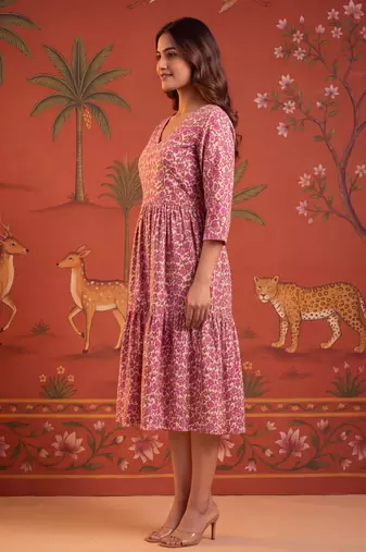 Pink printed cotton flare dress