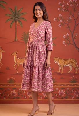 Pink printed cotton flare dress 3