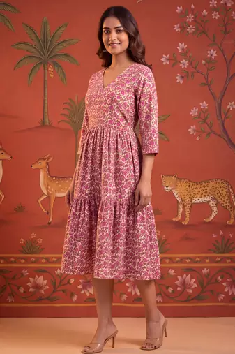 Pink printed cotton flare dress