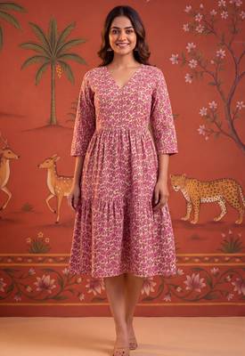 Pink printed cotton flare dress 4