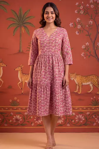 Pink printed cotton flare dress