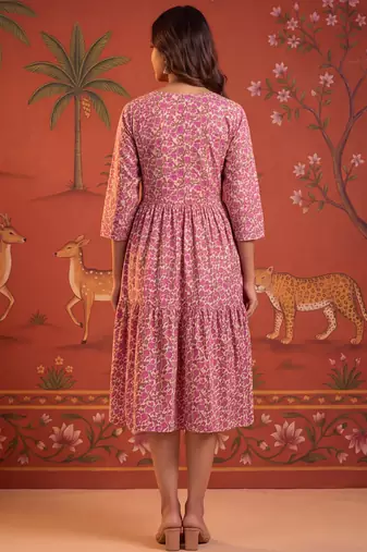 Pink printed cotton flare dress