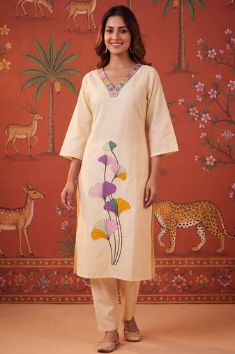 Peach embroidery with digital print coton kurta with pant