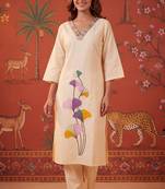 Peach embroidery with digital print coton kurta with pant