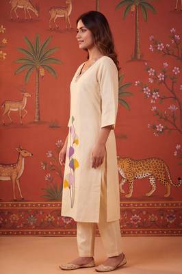 Peach embroidery with digital print coton kurta with pant 3
